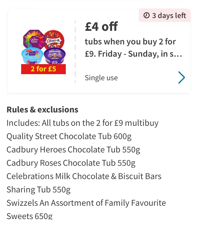 Screenshot showing 2 for £5 on Roses, Heroes, Celebrations, Quality Street & Swizzels Sweets Tubs with Asda Rewards App Coupon offer 