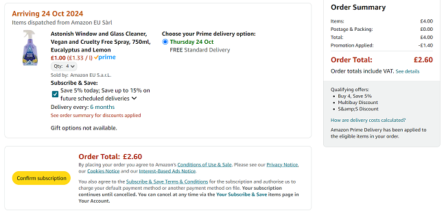 Screenshot showing Astonish Window and Glass Cleaner 750ml 4 for £2.60 at Amazon