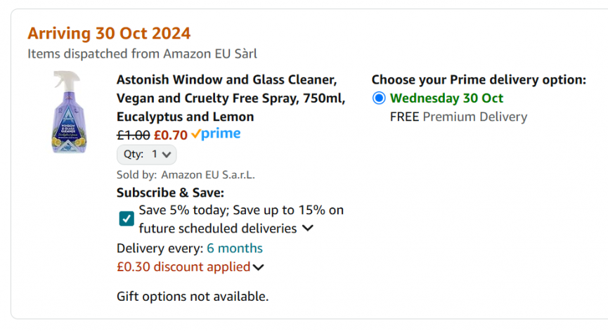Screenshot showing Astonish Window and Glass Cleaner 750ml for 70p at Amazon