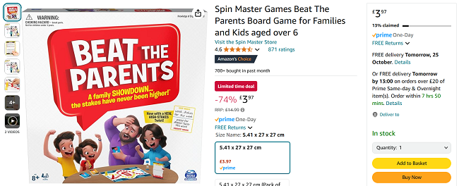 Screenshot showing Spin Master Games Beat The Parents Board Game for £3.97 at Amazon