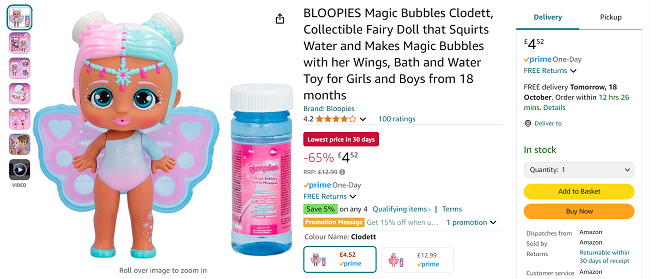 Screenshot showing Bloopies Magic Bubbles Clodett for £4.52 at Amazon