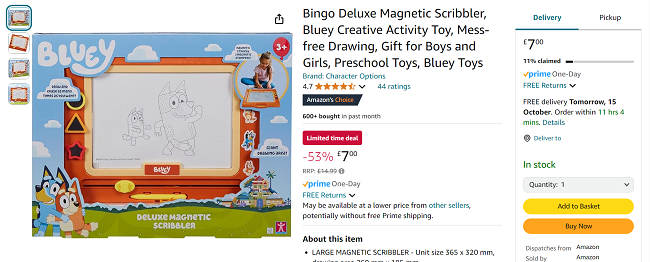 Screenshot showing Bluey Bingo Deluxe Magnetic Scribbler for £7 at Amazon