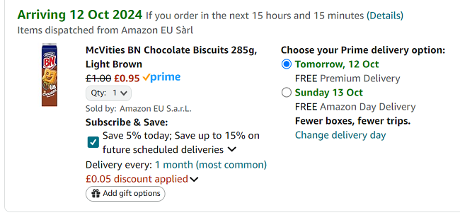 Screenshot showing McVitie's BN Biscuits Chocolate 285g for 95p at Amazon