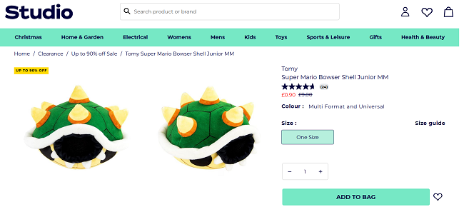 Screenshot showing Tomy Super Mario Bowser Shell Junior MM for 90p at Studio