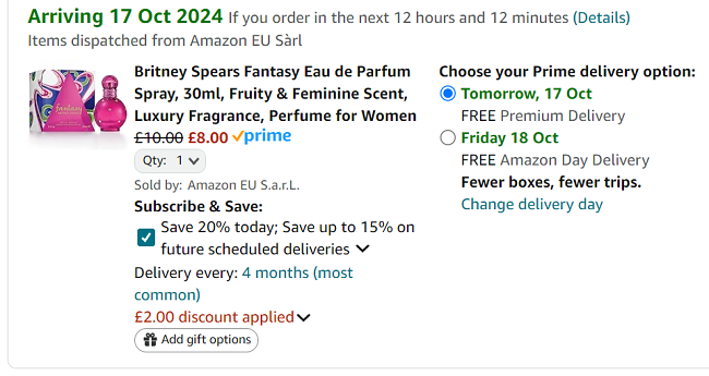 Screenshot showing Britney Spears Fantasy Eau de Parfum 30ml for £8 at Amazon