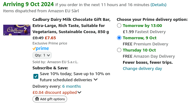 Screenshot showing Cadbury Dairy Milk Chocolate Gift Bar 850g for £7.65 at Amazon