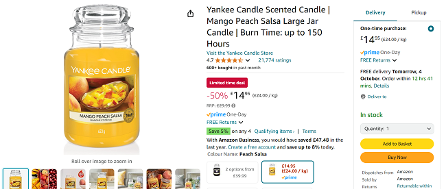 Screenshot showing Yankee Candle Mango Peach Salsa Large Jar Scented Candle for £14.95 at Amazon