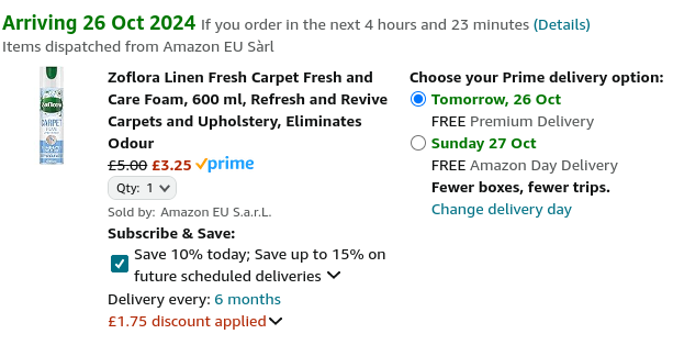 Screenshot showing Zoflora Linen Fresh Carpet Fresh and Care Foam 600ml for £3.25 at Amazon