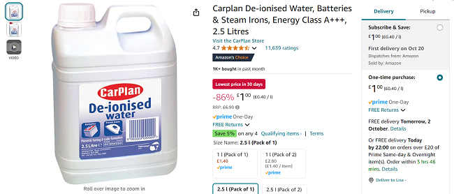 Screenshot showing Carplan De-ionised Water 2.5 Litres for £1 at Amazon
