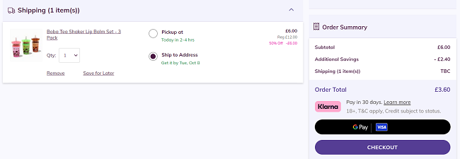 Screenshot showing Boba Tea Lip Balm Set for £3.60 with code at Claire's