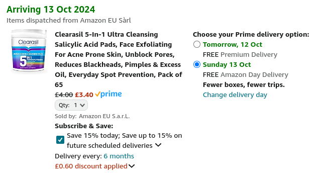 Screenshot showing Clearasil 5-In-1 Ultra Cleansing Salicylic Acid Pads for £3.40 at Amazon