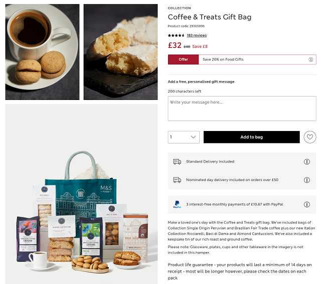 Screenshot showing Coffee & Treats Gift Bag £32 with free delivery at Marks and Spencer
