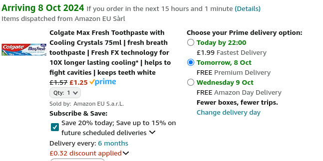 Screenshot showing Colgate Max Fresh Toothpaste with Cooling Crystals 75ml for £1.25 at Amazon