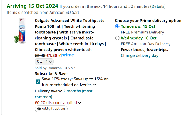 Screenshot showing Colgate Advanced White Toothpaste Pump 100 ml for £1.80 at Amazon