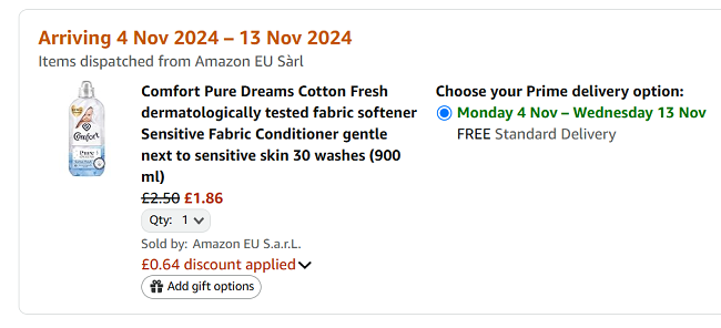 Screenshot showing Comfort Pure Dreams Cotton Fresh Sensitive Fabric Conditioner 30 Washes for £1.86 at Amazon