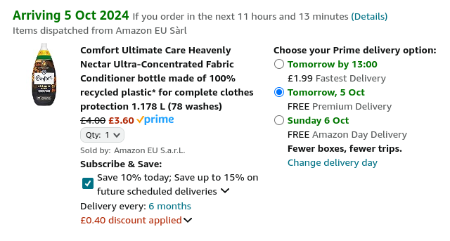 Screenshot showing Comfort Ultimate Care Heavenly Nectar Ultra-Concentrated Fabric Conditioner 78 Wash for £3.60 at Amazon