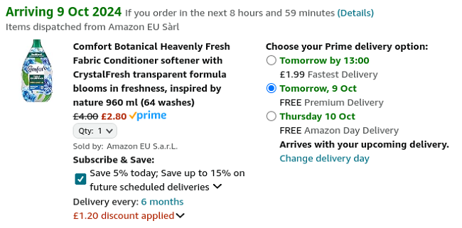 Screenshot showing Comfort Botanical Heavenly Fresh Fabric Conditioner 64 Wash for £2.80 at Amazon