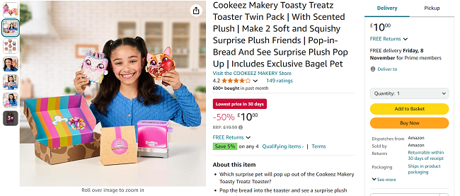 Screenshot showing Cookeez Makery Toasty Treatz Toaster Twin Pack for £10 at Amazon