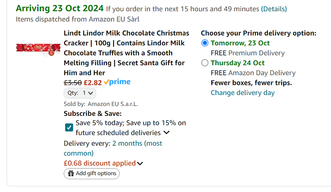 Screenshot showing Lindt Lindor Milk Chocolate Cracker 100g for £2.82 at Amazon