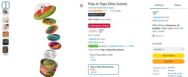 Screenshot showing Pop-A-Tops Dino Scores game for £2.59 at Amazon