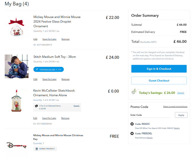 Screenshot of basket at Disney Store showing 3 for 2 plus free gift and free delivery