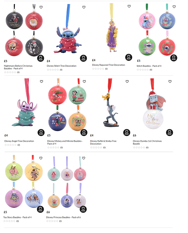 Screenshot showing Disney Christmas Tree Decorations at Asda George