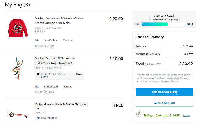 Screenshot showing Buy One Get One Half Price offer on Christmas at Disney Store