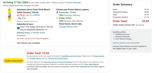 Screenshot showing 4 x Domestos Thick Bleach for £3.03 at Amazon