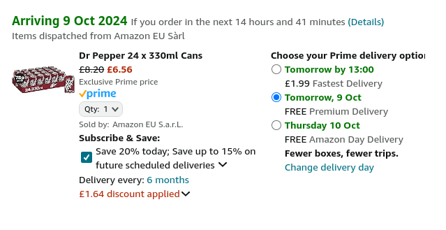 Screenshot showing Dr Pepper 24 x 330ml Cans for £6.56 at Amazon