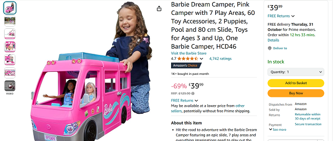 Screenshot showing Barbie Dream Camper for £39.99 at Amazon