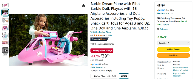 Screenshot showing Barbie DreamPlane with Pilot Barbie Doll for £39.99 at Amazon