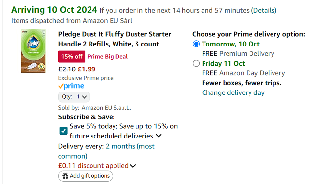 Screenshot showing Pledge Fluffy Duster Starter Pack for £1.99 at Amazon