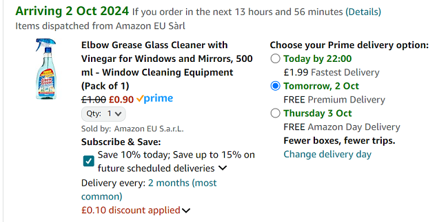 Screenshot showing Elbow Grease Glass Cleaner with Vinegar for 90p at Amazon