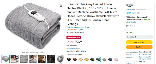 Screenshot showing Dreamcatcher Grey Heated Throw Electric Blanket for £36.54 at Amazon /Futura Direct Ltd