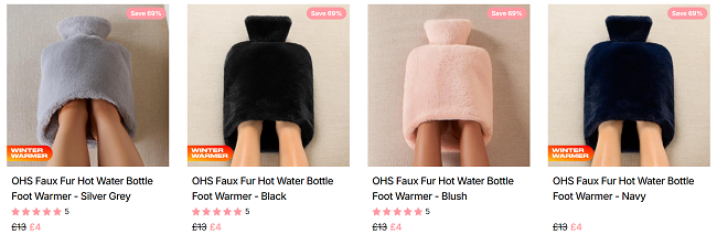 Screenshot showing Faux Fur Hot Water Bottle Foot Warmers for £4 at Online Home Shop