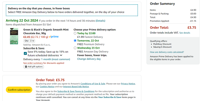 Screenshot showing Green & Black's Organic Smooth Mint Chocolate Bar 90g 2 for £3.75 at Amazon