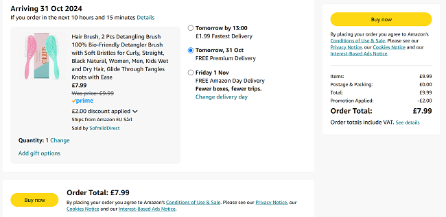 Screenshot showing Detangling Hair Brush 2 Pack for £7.99 at Amazon / SofmildDirect