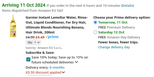 Screenshot showing Garnier Instant Lamellar Water Hair Drink 200ml for £4.49 at Amazon