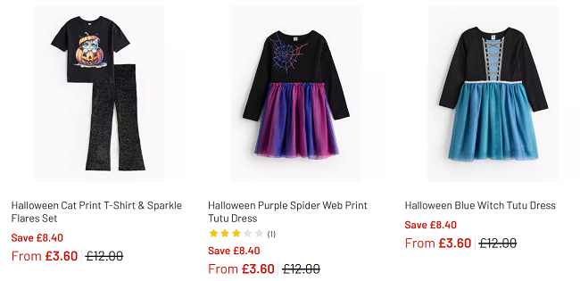 Screenshot showing reduced Halloween Clothing at Argos