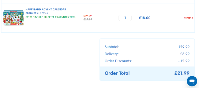 Screenshot showing Happyland Advent Calendar for £18 with code at The Entertainer