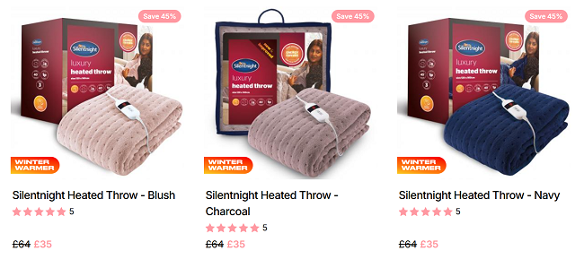 Screenshot showing Silentnight Luxury Heated Throw for £35 at Online Home Shop