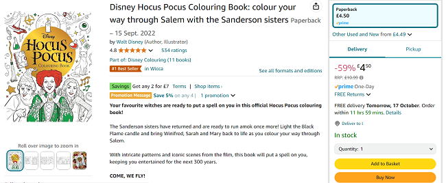 Screenshot showing Disney Hocus Pocus Colouring Book £4.50 or 2 for £7 at Amazon