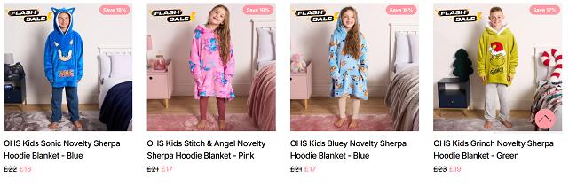 Screenshot showing kids character Hoodie Blankets from Online Home Shop