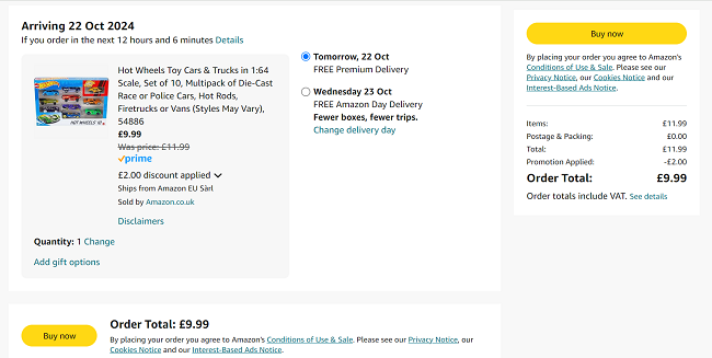 Screenshot showing Pack Of 10 Hot Wheels Toy Cars for £9.99 at Amazon