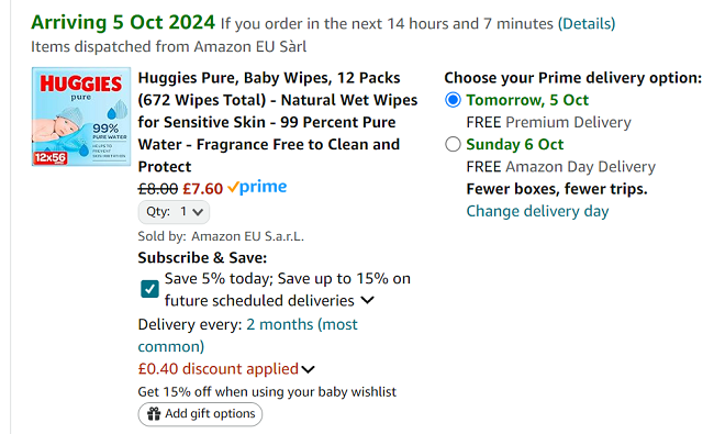 Screenshot showing Huggies Pure Baby Wipes 12 Packs for £7.60 at Amazon