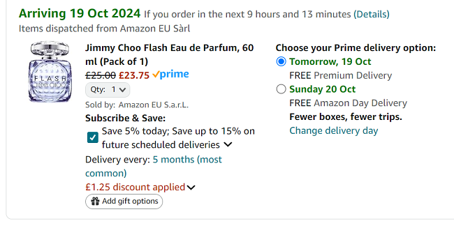 Screenshot showing Jimmy Choo Flash EDP 60ml for £23.75 at Amazon