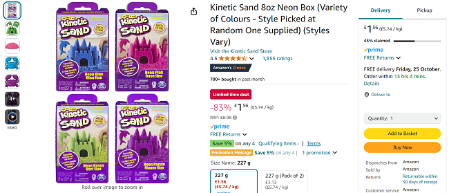 Screenshot showing Kinetic Sand 8oz Neon Box for £1.56 at Amazon