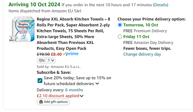 Screenshot showing Regina XXL Absorb Kitchen Roll 8 Rolls for £8.40 at Amazon