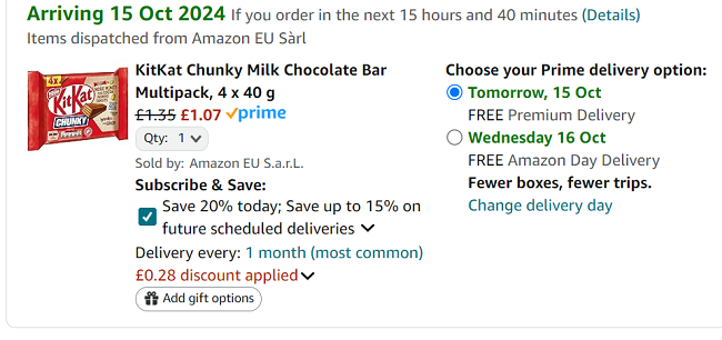 Screenshot showing KitKat Chunky Milk Chocolate Bar Multipack 4 x 40g for £1.07 at Amazon