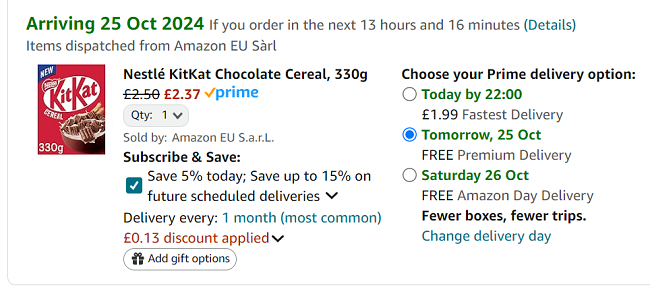 Screenshot showing Nestlé KitKat Chocolate Cereal 330g for £2.37 at Amazon
